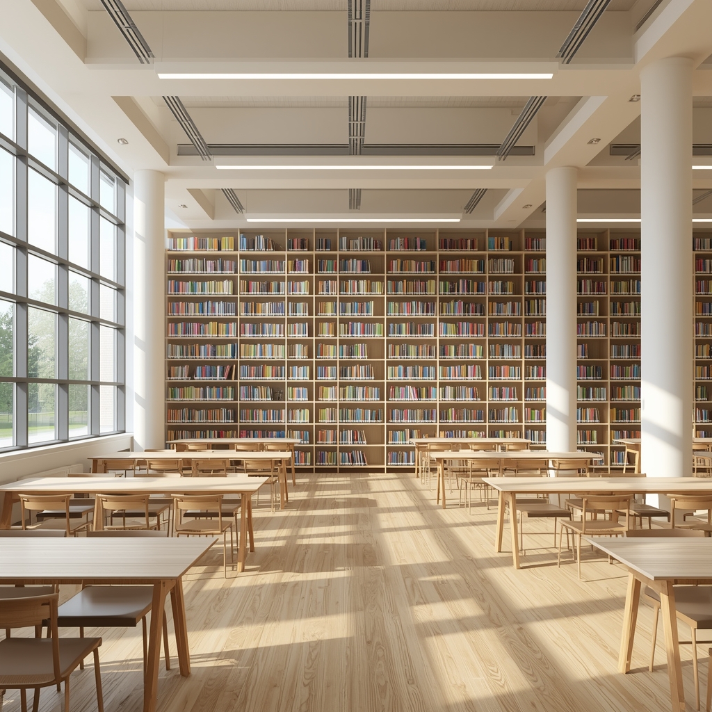 Nano Banana2: Generate a premium image of a modern school library interior with natural light, colorful bookshelves, sturdy wooden tables, and a highly inspiring academic atmosphere. Ensure no human figure or woman image is present.